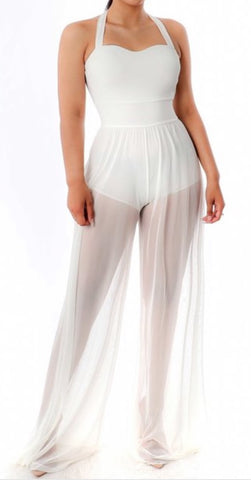 Halter neck open back jumpsuit with mesh wide legs and GREAT STRETCH.  