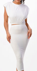 white 2 piece set. midi skirt with cropped cap sleeve top