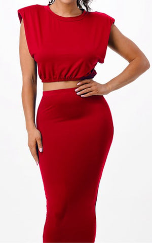 red 2 piece set. midi skirt with cropped cap sleeve shirt.