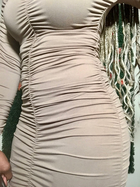 Long Sleeve Ruched Dress - Taupe